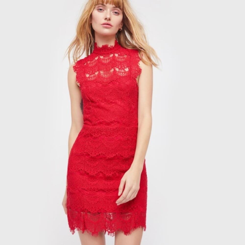 Free People Daydream Cherry Red Lace Bodycon Mini Dress Open Back Mock Neck